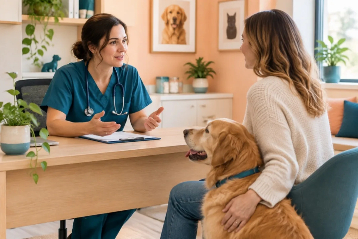 Veterinaria explicando el tratamiento a una clienta