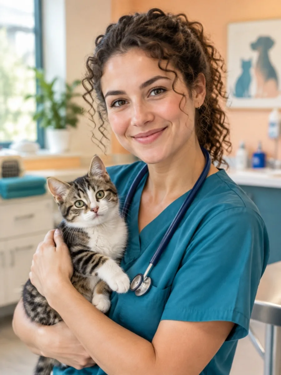 Retrato de Ana Ruiz, veterinaria, con un gato en brazos