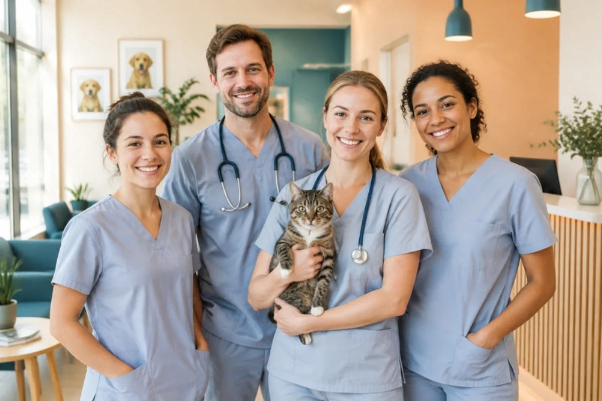 Equipo de la clinica veterinaria en la recepcion