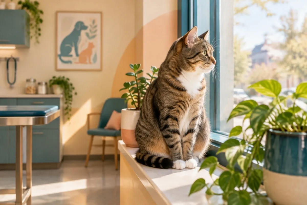 Gato atigrado en la ventana de la clinica