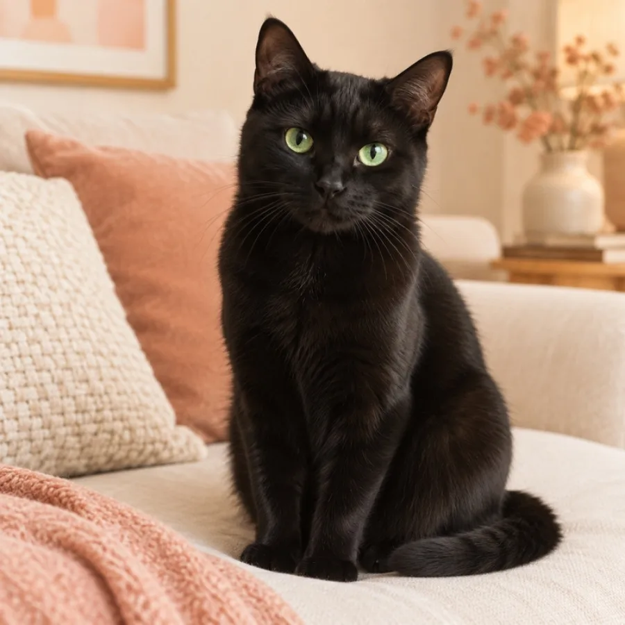 Gato negro sentado en el sofa
