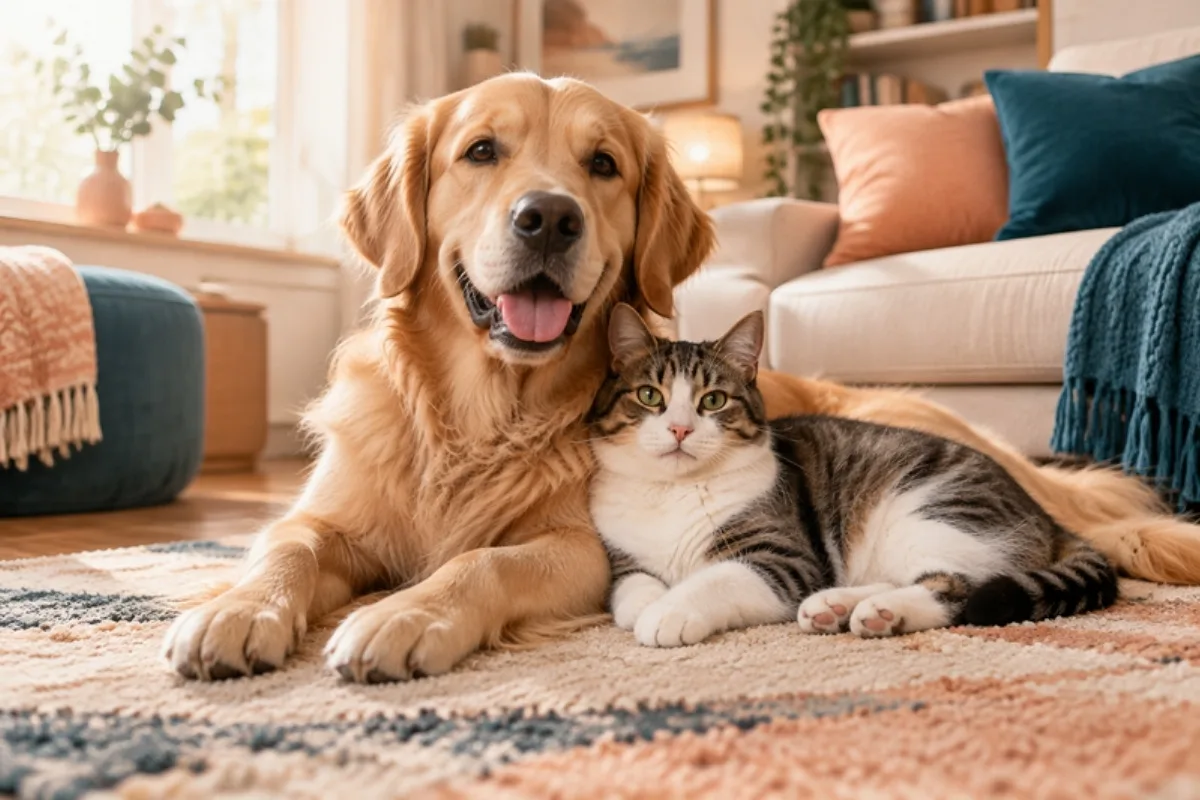 Perro y gato descansando juntos en el salón