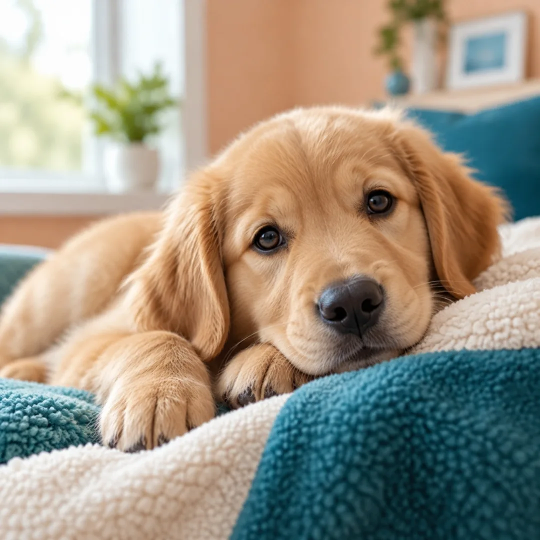 Cachorro golden retriever descansando sobre una manta