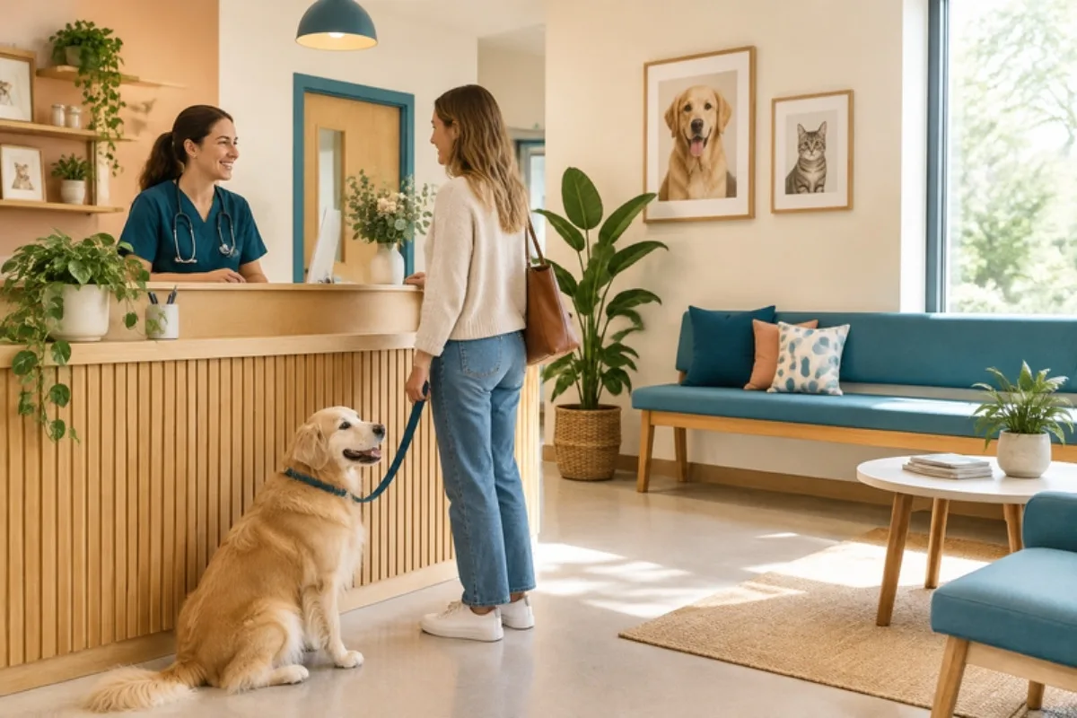 Recepción de la clínica con una clienta y su perro