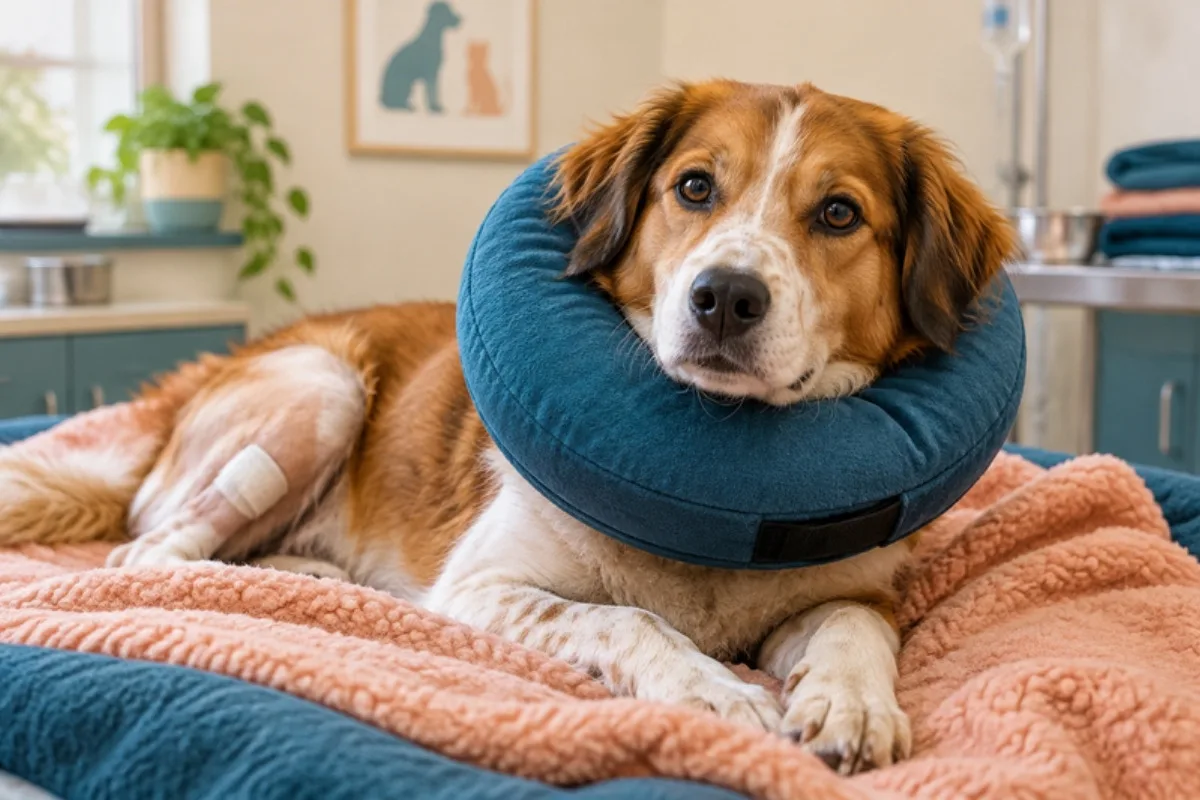 Perro con collar de recuperacion descansando