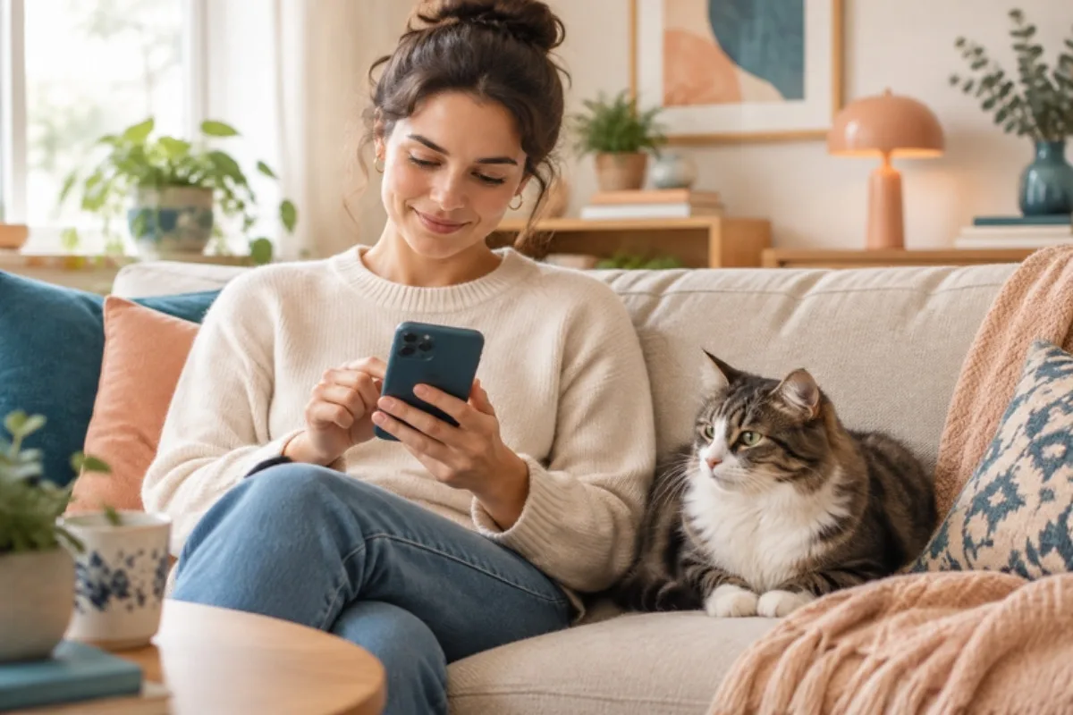 Clienta reservando cita desde el móvil con su gato al lado