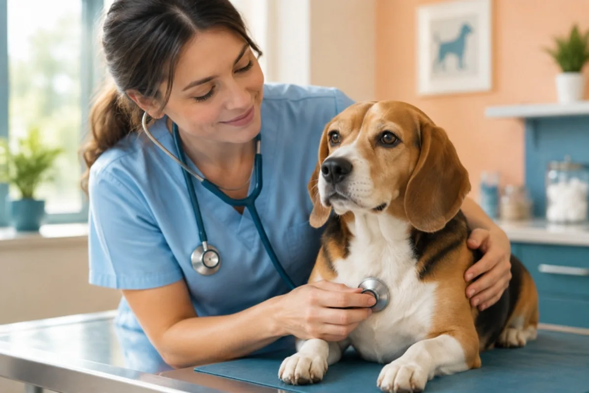 Veterinaria explorando a un beagle en la consulta