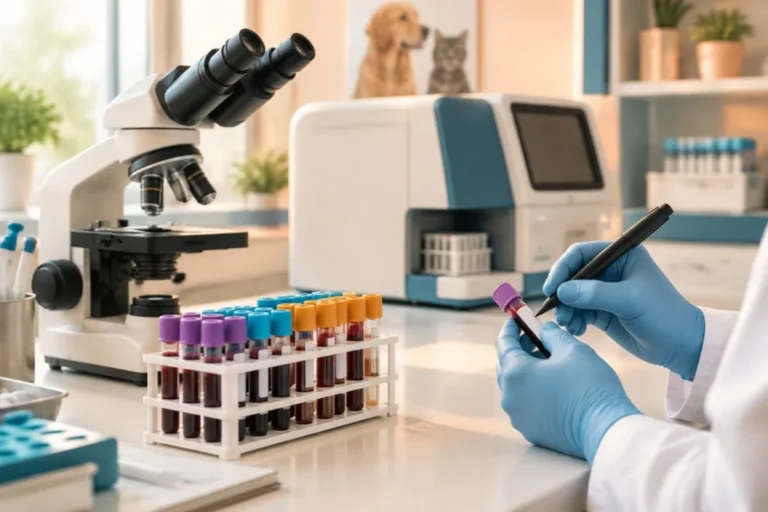 Tubos de muestras y microscopio en el laboratorio