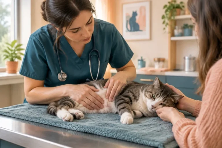 Veterinaria explorando a un gato enfermo