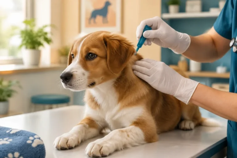 Aplicación de pipeta antiparasitaria a un perro joven