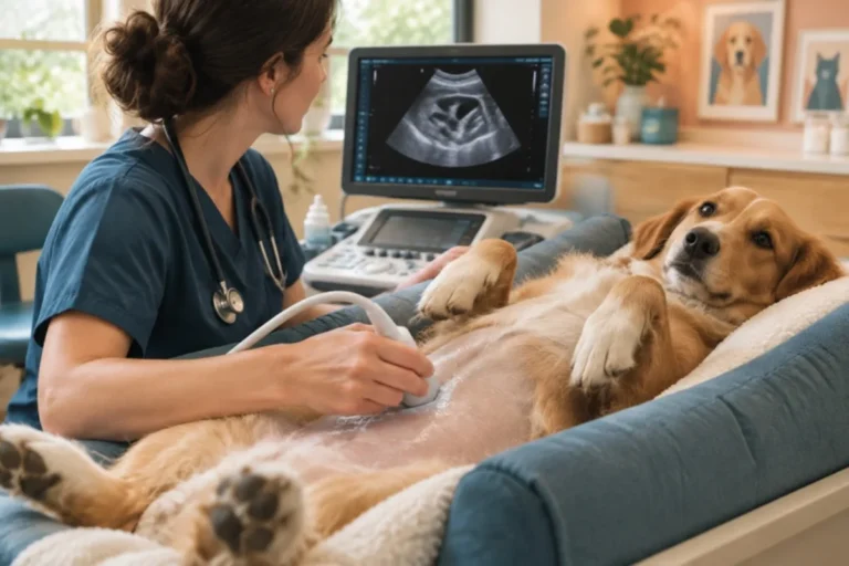 Ecografía abdominal a un perro tumbado