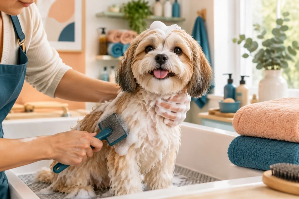 Perro pequeño en la peluquería canina