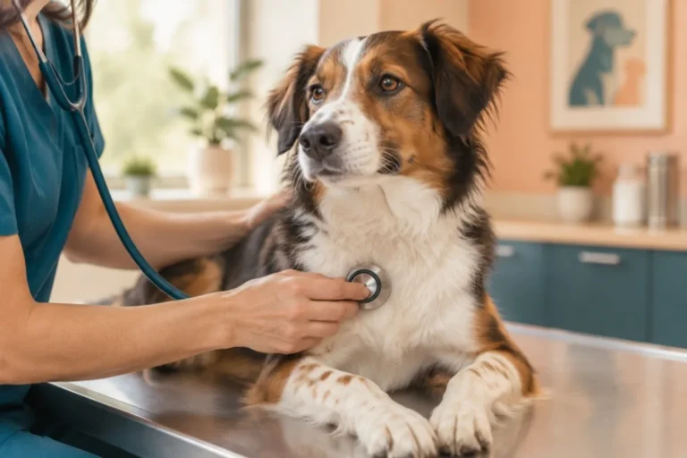 Veterinaria auscultando a un perro en la consulta