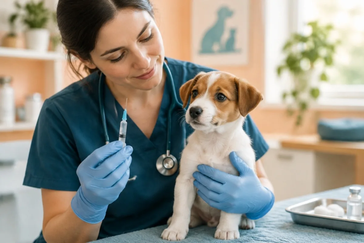 Enfermera veterinaria preparando la vacuna de un cachorro